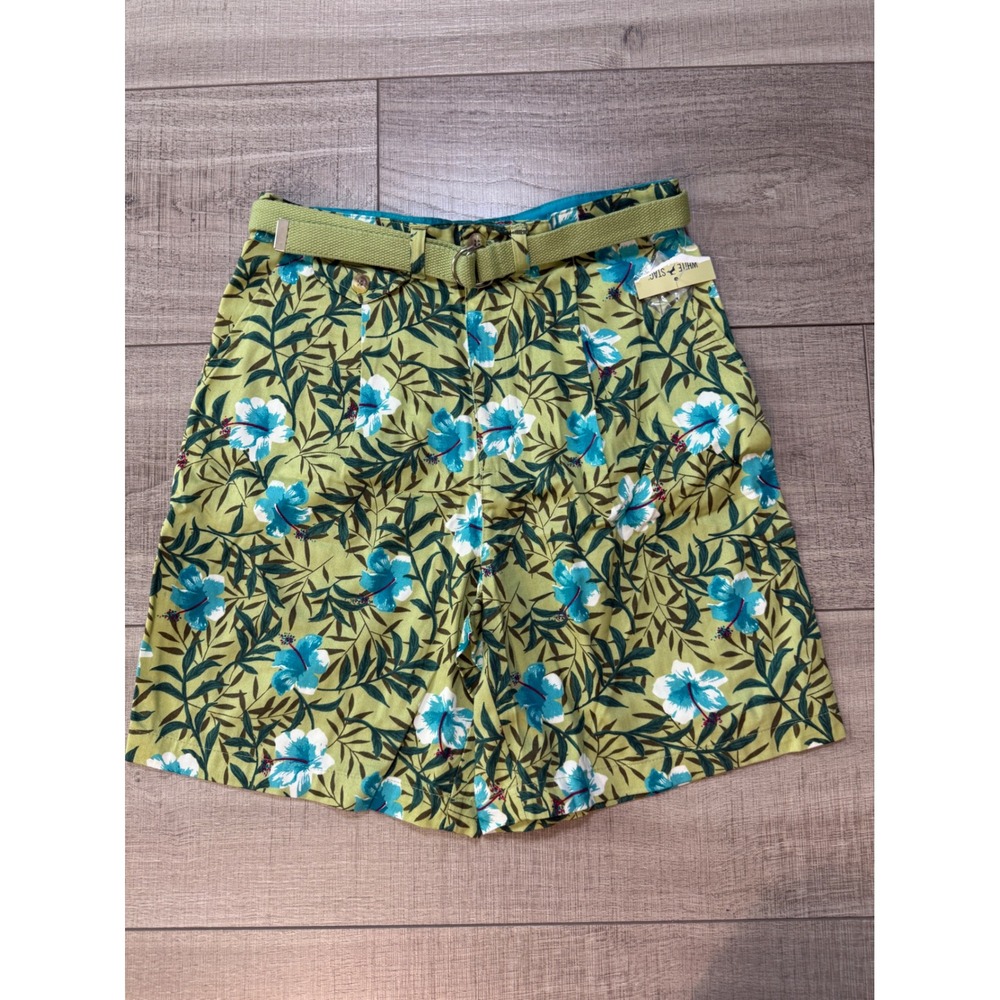 White Stag Womens Green Tropical Hibiscus Floral Belted Pleated Shorts Size 8